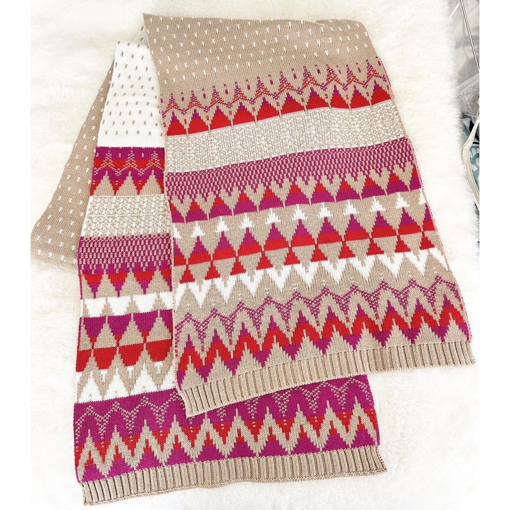 Fair Isle Knit Scarf Reversible White Khaki Red Pink Wrap Sweater 78” Double Ply